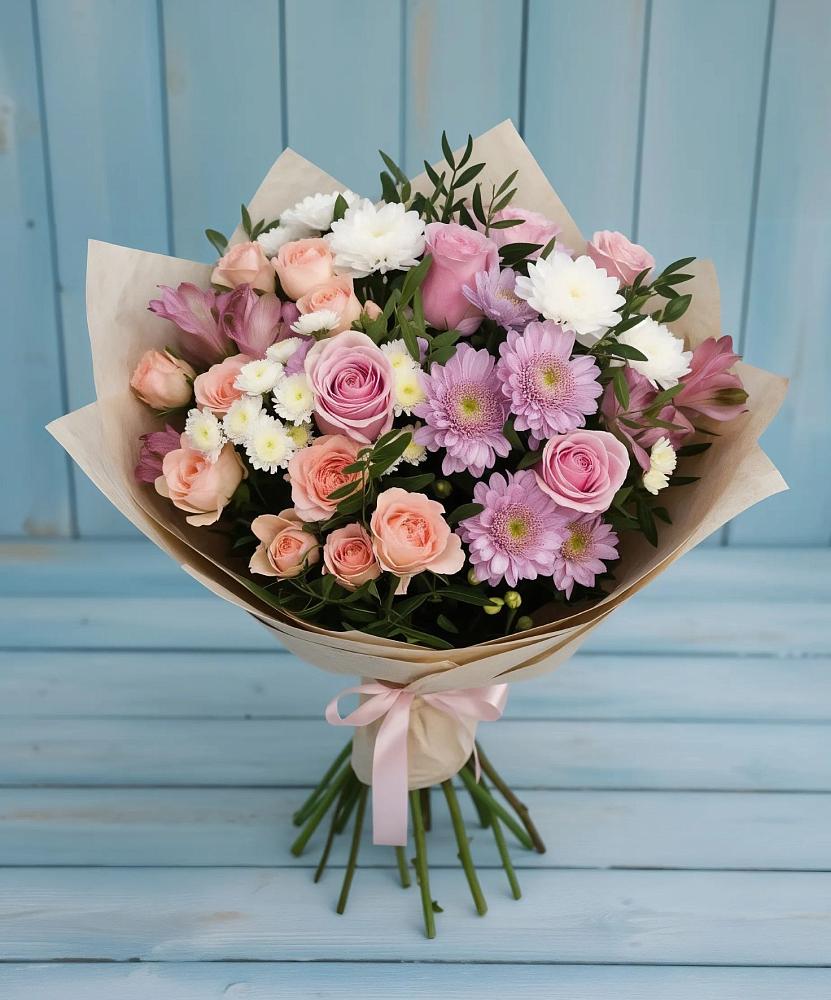 Букет цветов из: Хризантемы, Розы и Альстромерии в Кармалиновской