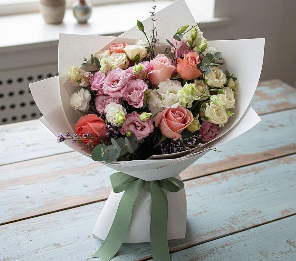 Букет цветов из: Розы, Лизиантусы и Гвоздики в Кармалиновской