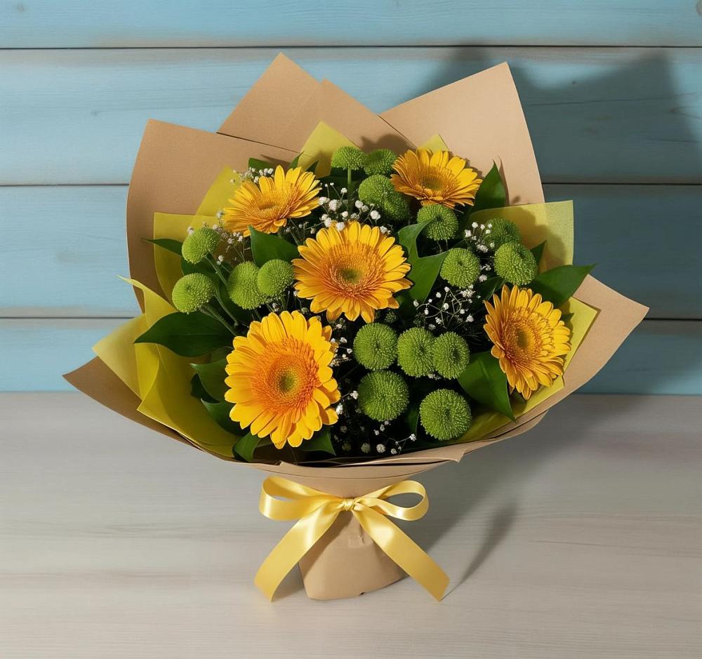 Букет цветов из: Герберы и Хризантемы в Кармалиновской