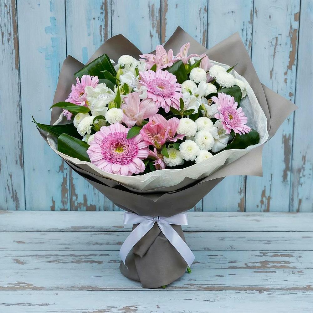 Букет цветов из: Герберы, Альстромерии и Хризантемы в Кармалиновской