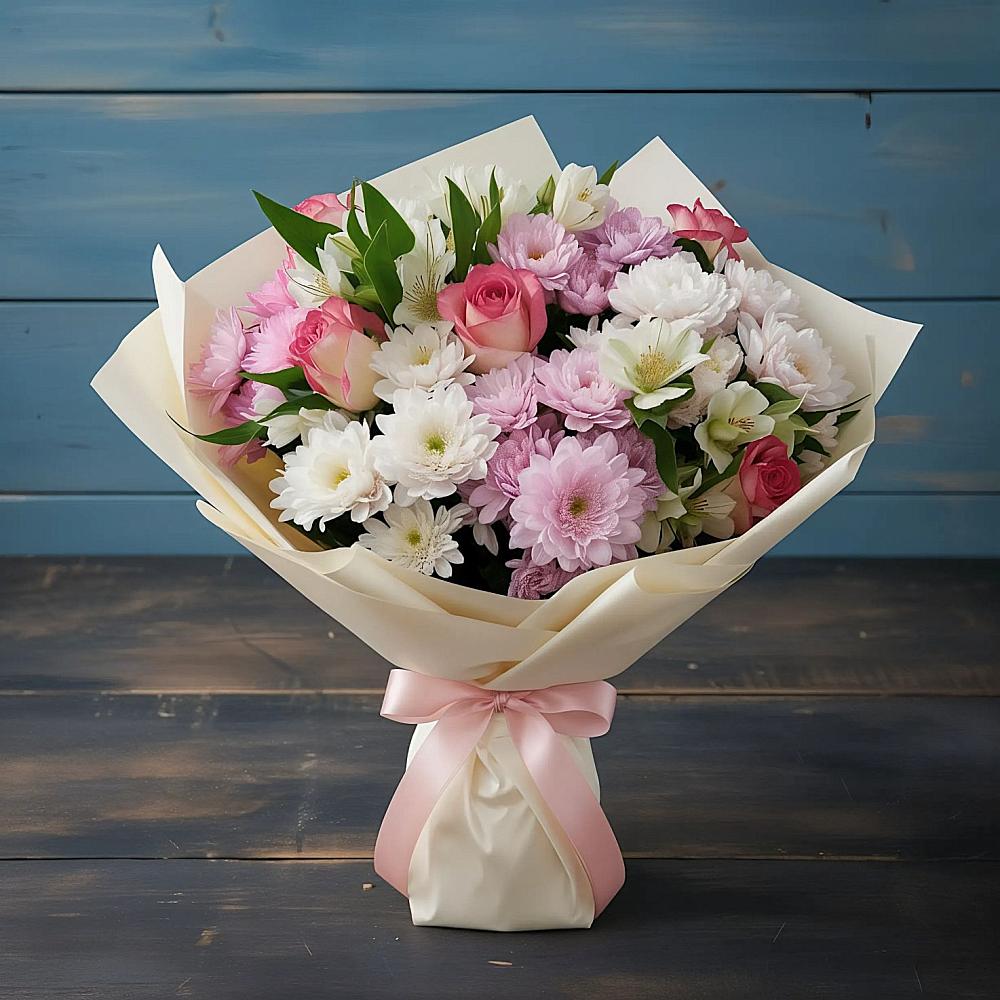 Букет цветов из: Хризантемы, Альстромерии и Розы в Кармалиновской